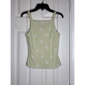 SO Medium Tank Top Green White Daisy Print Ribbed Knit Sleeveless Cam